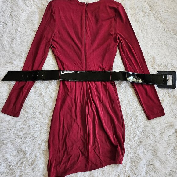 Bebe Women's Burgundy Bodycon Rachel Deep Leather Belted Dress XS - Picture 3 of 12